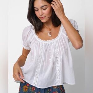Natural Life Sweet Nothings Embroidered Peasant Blouse Puff Sleeves Size XS Top